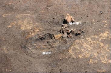 1号住居（鍛冶遺構）　鍛冶炉と鞴の羽口の検出状況の画像