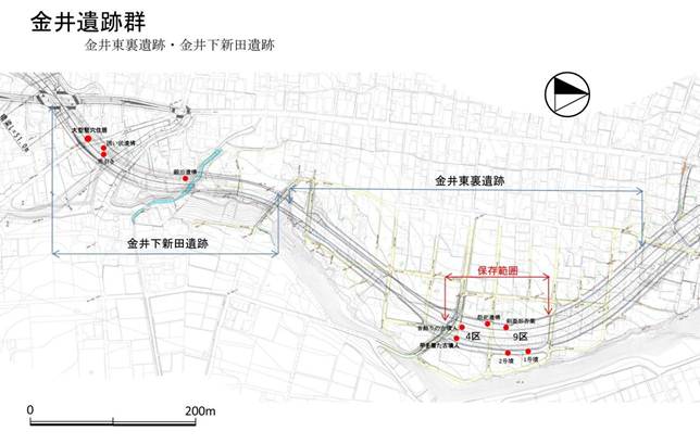 金井下新田遺跡と金井東裏遺跡の位置関係の画像