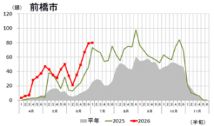 オオタバコガのフェロモントラップ調査結果（前橋市）のグラフの画像