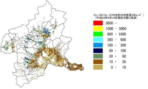 図2 農地への放射性セシウム(Cs-134,Cs-137)の沈着量分布図画像 図2:農地への放射性セシウム(Cs-134,Cs-137)の沈着量分布図画像